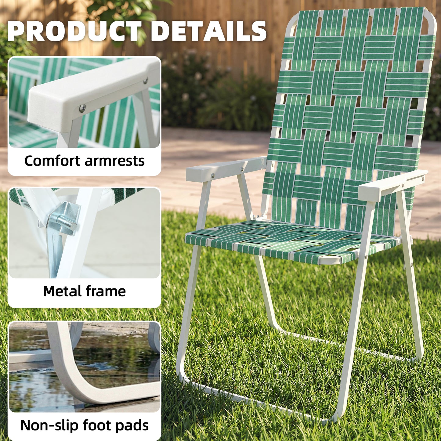 Set of 2 Folding Patio Chairs, Portable Chair Set with Armrests for Camping, Garden, Pool, Beach, Backyard, Green