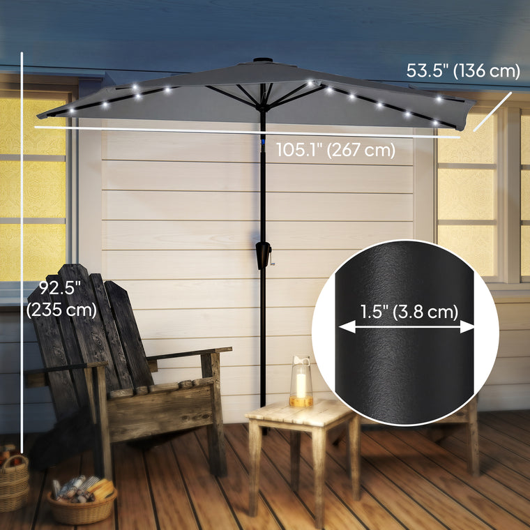 9ft Dark Grey Half Patio Umbrella with Solar LED Lights