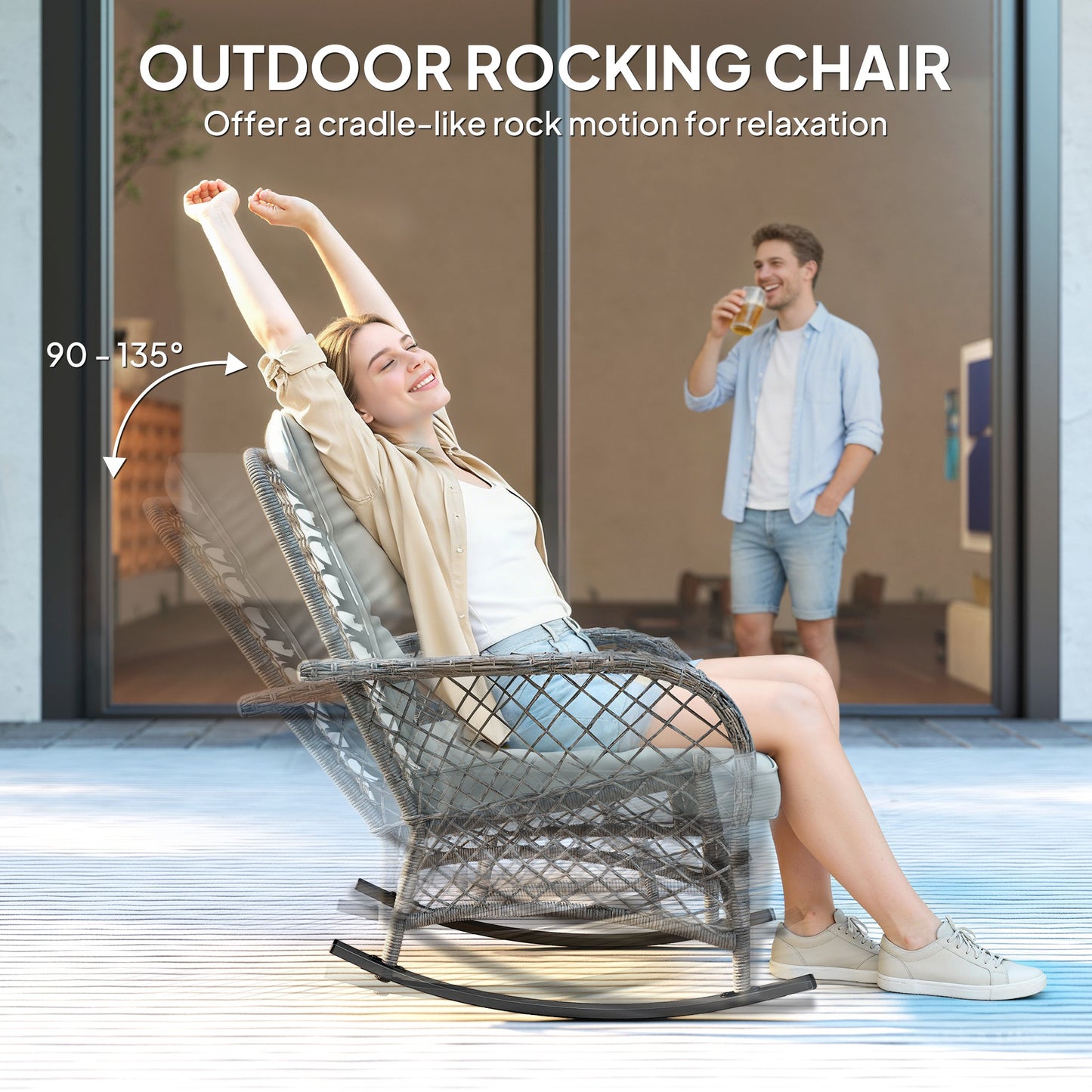 Rocking Bistro Set, 3 Piece Wicker Patio Furniture with High Back Rocking Chairs and 2-Tier Glass Table, Light Grey