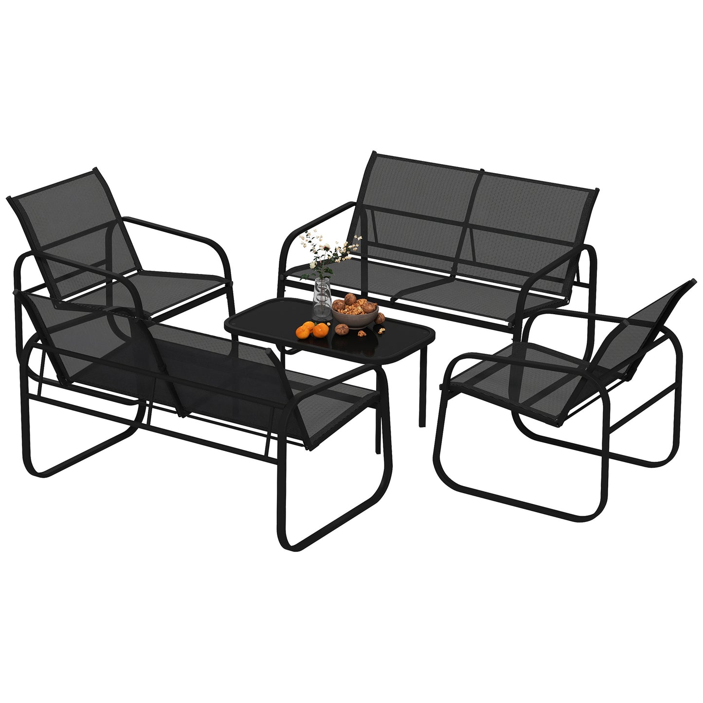 4 Piece Patio Furniture Set, Outdoor Conversation Set with 2 Loveseats, 2 Armchairs, Glass-Top Table, Black