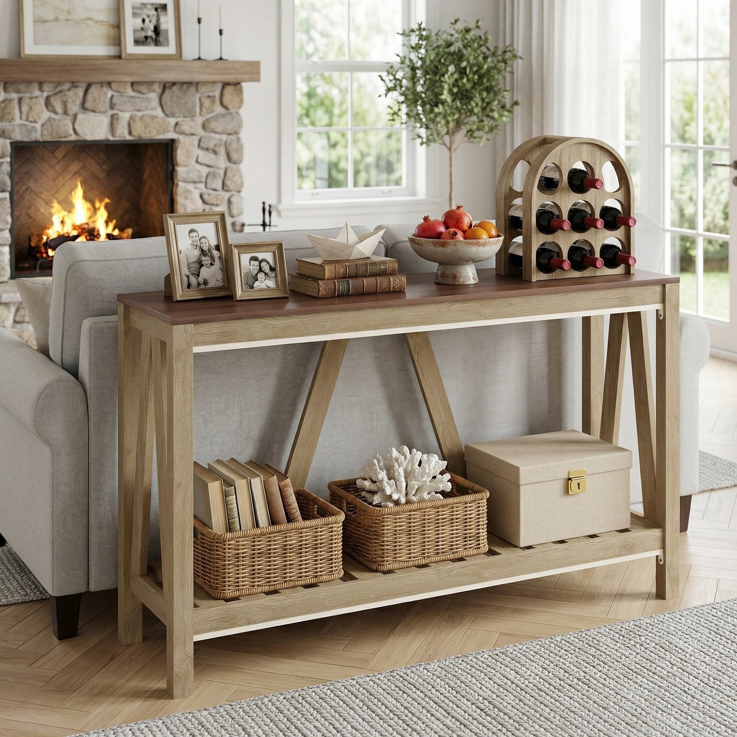 52" Console Table, Farmhouse Narrow Entryway Table with Storage Shelf, Rustic Sofa Table with Anti-tipper for Living Room and Hallway, Oak