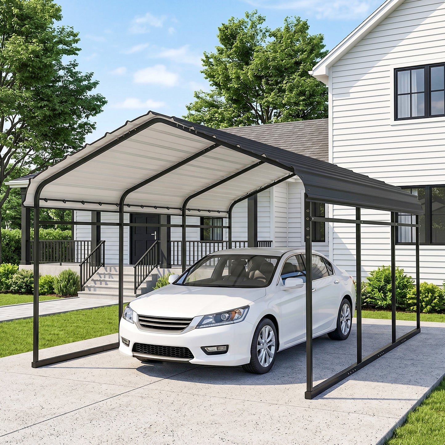 Metal Carport, Heavy Duty Garage Car Shelter with Galvanized Metal Roof and Removable Sidewalls, Light Grey