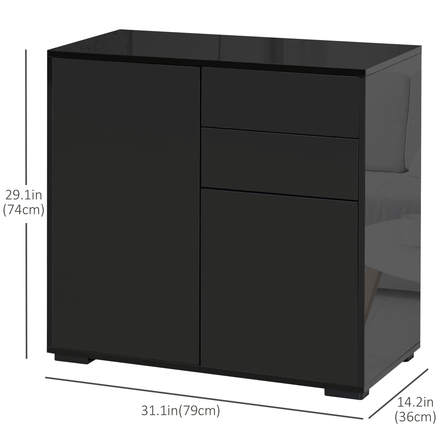 High Gloss Buffet Sideboard with 2 Drawers, 2 Doors and Adjustable Shelf, Kitchen Storage Cabinet with Push Open Design, Black