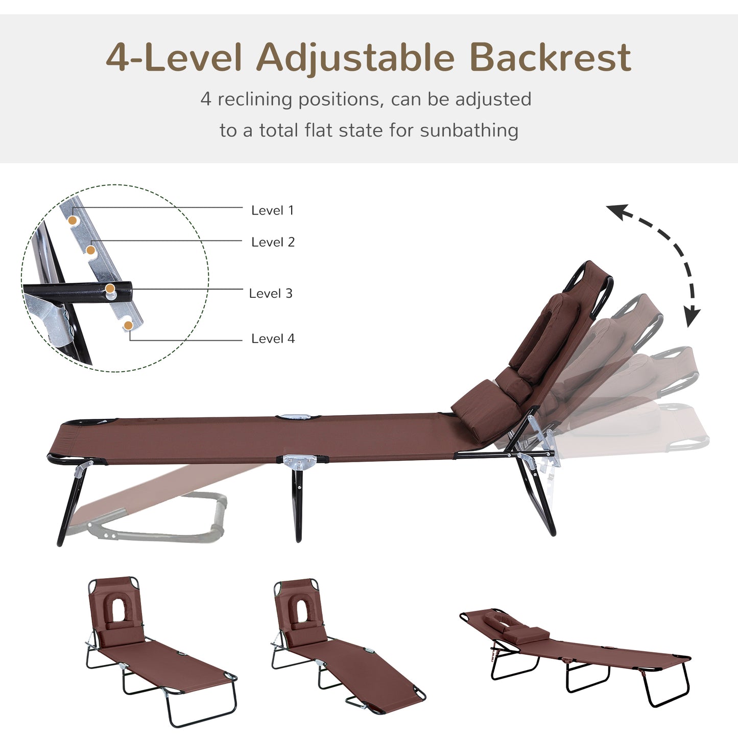 Folding Chaise Lounge Chair, Reclining Beach Tanning Chair with Face Hole, Pillow, 4-Position Adjustable Lay Flat Sun Lounger, Steel Frame for Outdoor Patio Pool, Brown