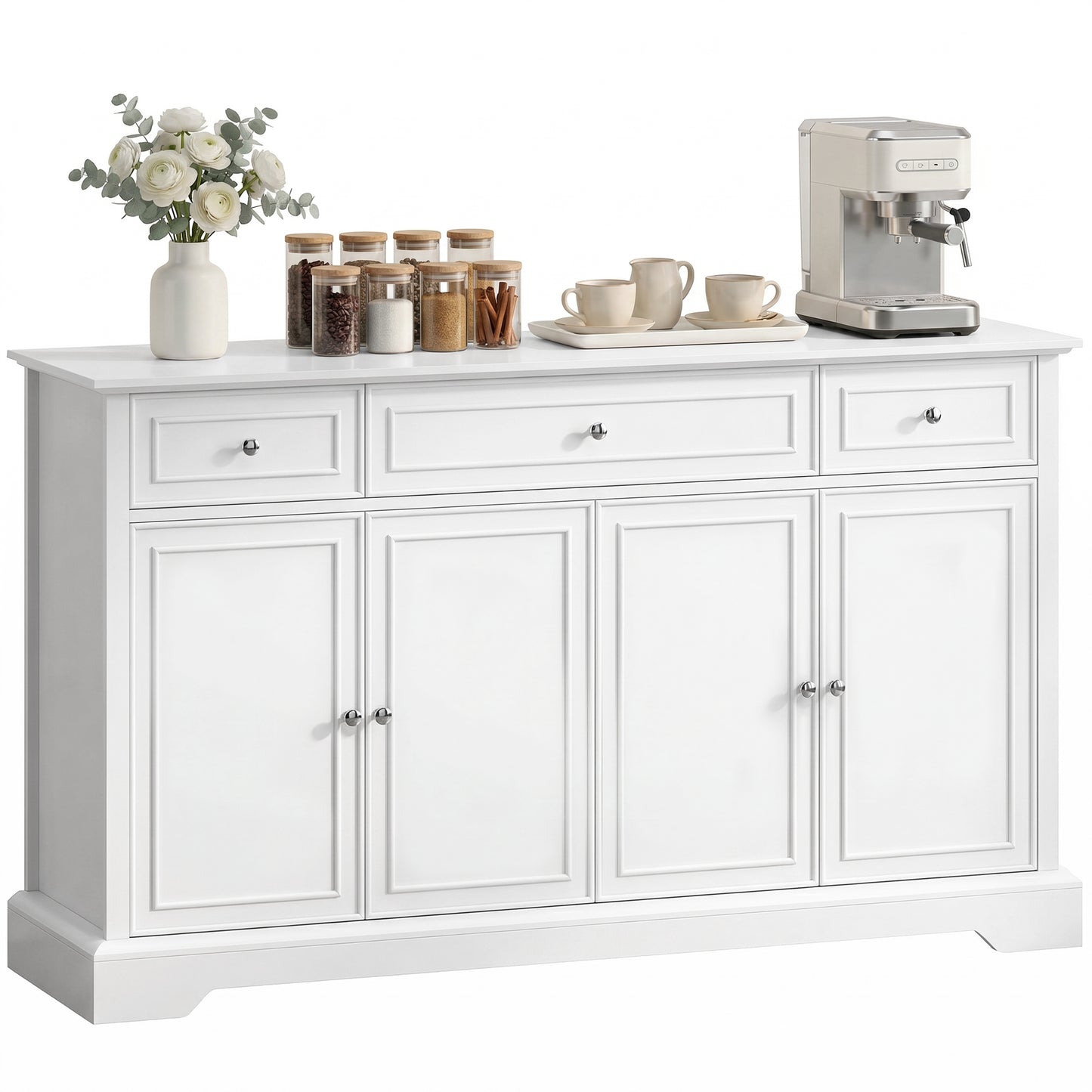 Sideboard Buffet Cabinet, 54" Kitchen Storage Cabinet with Soft-Close Doors, 3 Drawers and 2 Adjustable Shelves, White