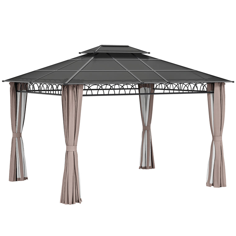 10' x 12' Khaki Double Roof Hardtop Gazebo with Curtains