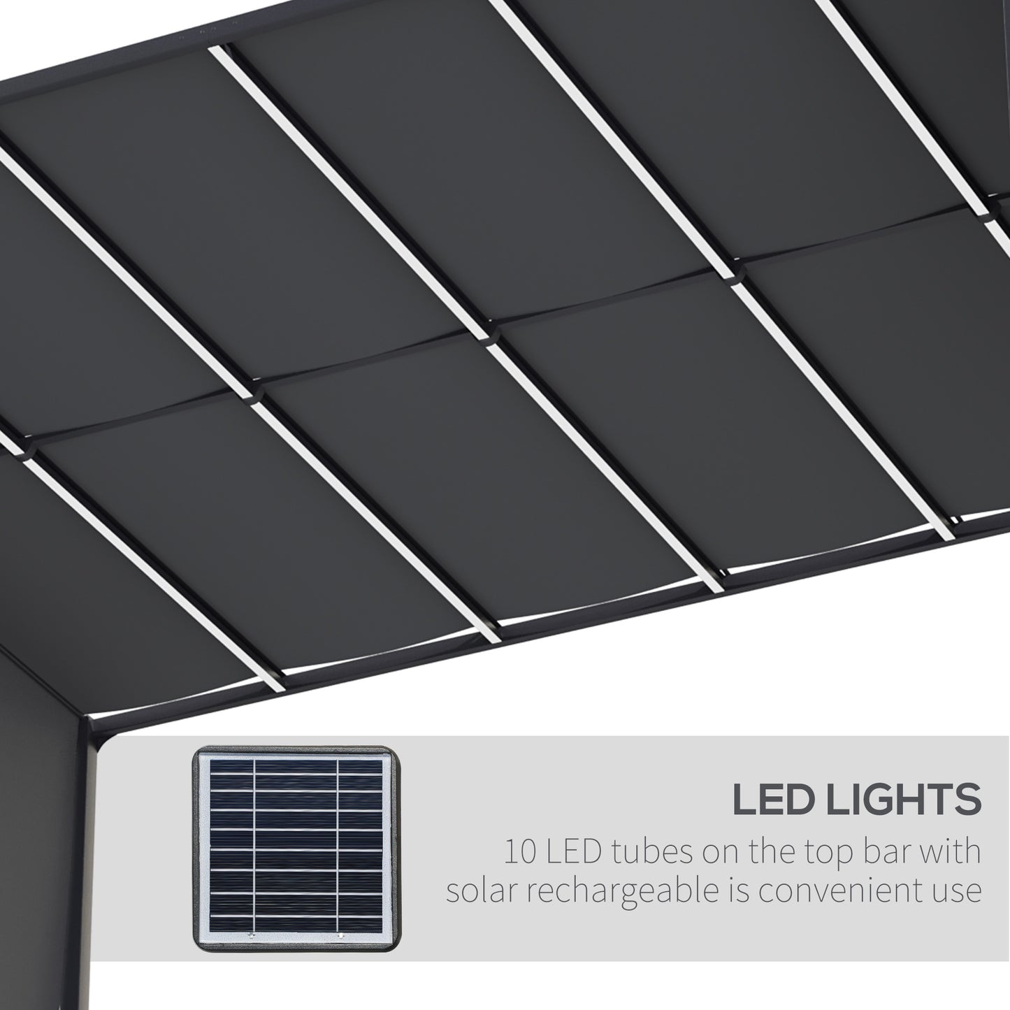 10' x 13' Outdoor Patio Pergola with Sliding Roof, LED Lights, Solar Powered for Garden, Lawn, Backyard, Dark Grey