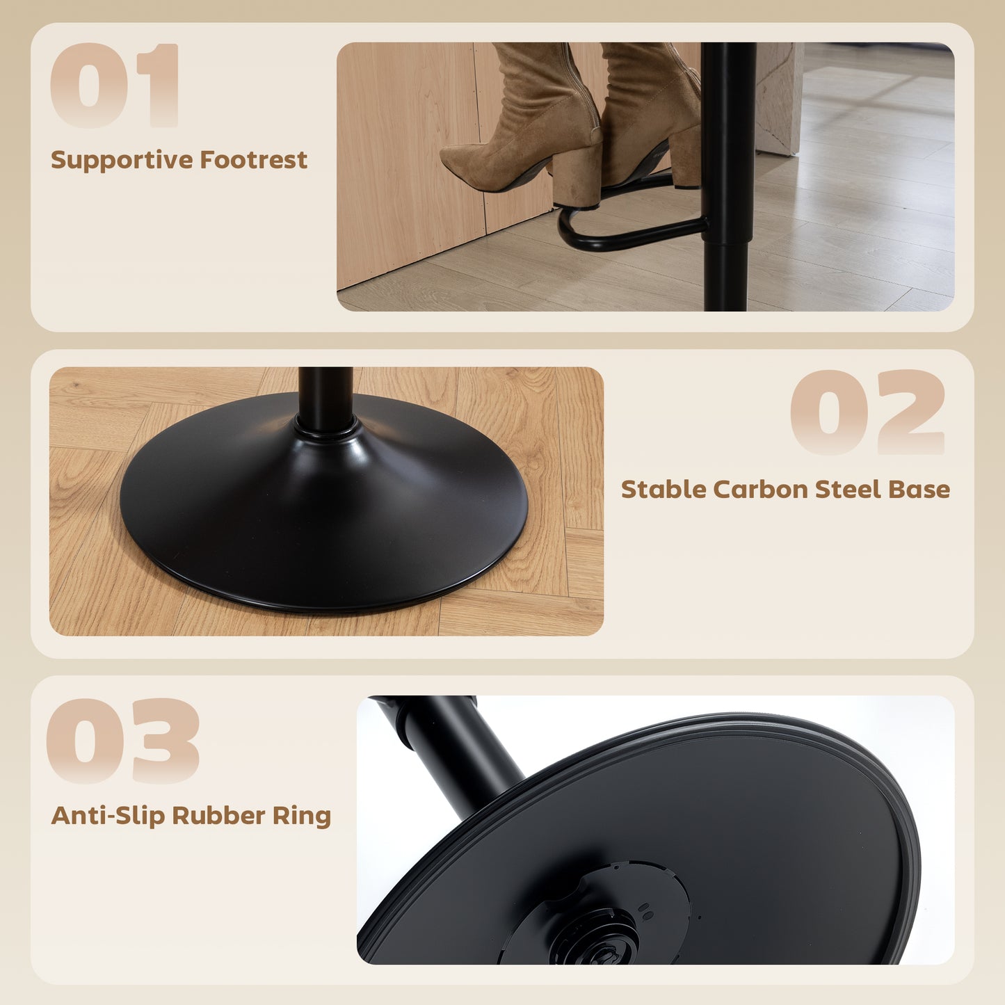 Bar Stools Set of 2, Swivel Counter Height Barstools with Footrest, Black