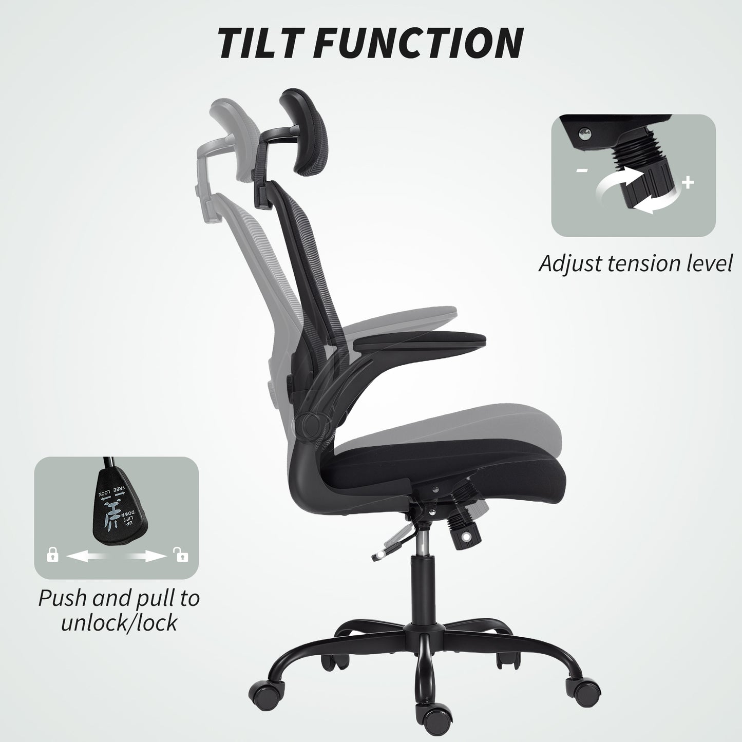 Ergonomic Office Chair, Mesh Desk Chair with Adjustable Headrest, Lumbar Support and Height, Flip-Up Armrests, Black
