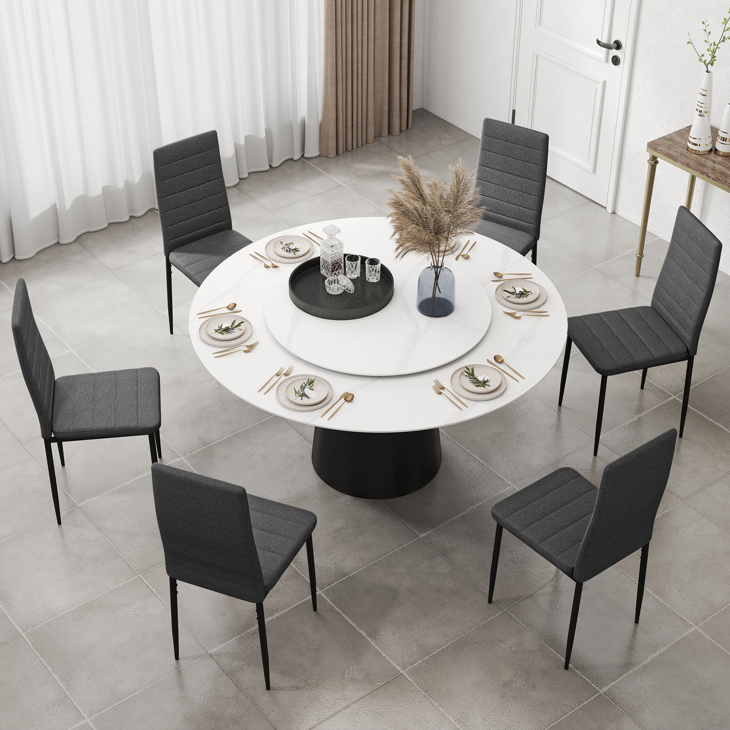Modern Dining Chairs, Set of 6, High Back Linen Fabric Upholstery and Metal Legs for the Living Room, Home, Grey