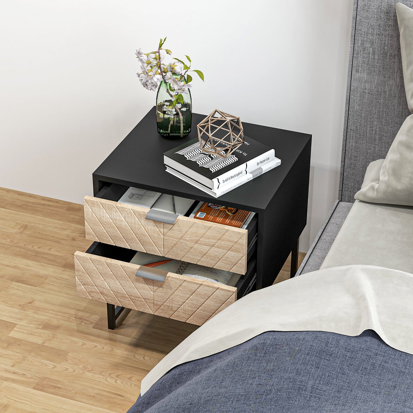 Modern Bedside Table with 2 Drawers and Steel Frame, Sofa Side Table for Bedroom Living Room, Black and Oak