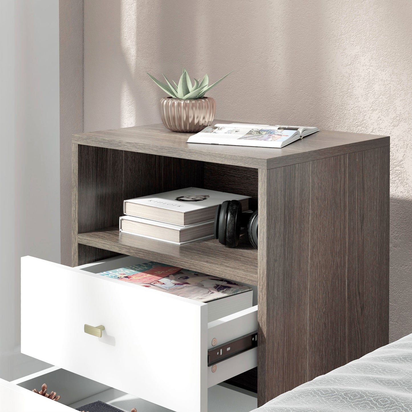 Nightstand Set of 2, Modern Bedside Table, Night Stand for Living Room with 2 Drawers and Open Storage, Grey
