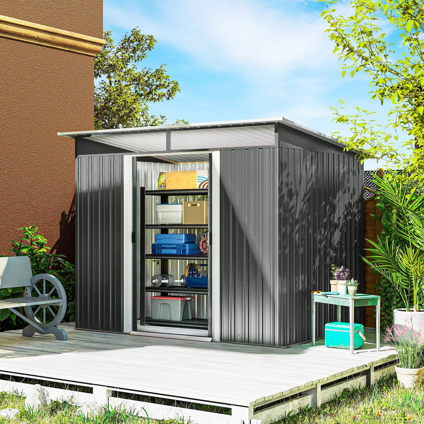 9' x 6.5' Outdoor Metal Garden Shed Utility Tool Storage Steel Backyard House, Dark Grey