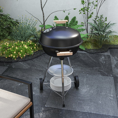 Black Portable Steel Charcoal BBQ Grill with Lid & Storage Shelf