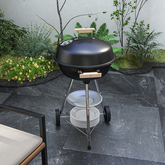 Portable Charcoal BBQ Grill, Steel Outdoor Camp Picnic Cooker with Lid, Air Vents, Wheels and Storage Shelf, Black