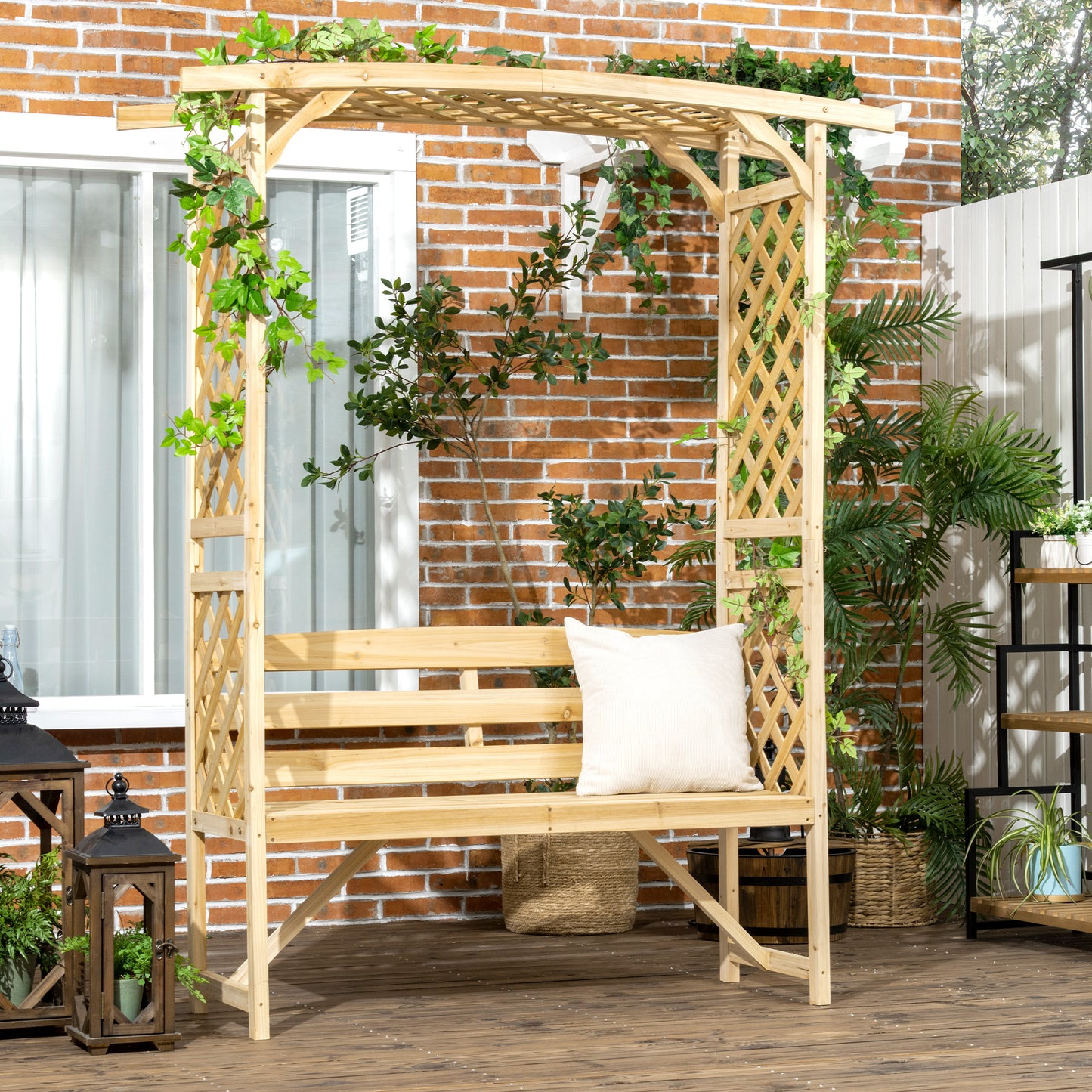Natural Wood Garden Arch with 2-Person Bench