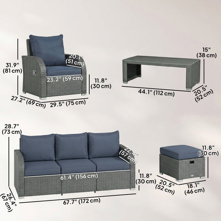 Dark Blue 6-Piece Wicker Sectional Set with Recliners