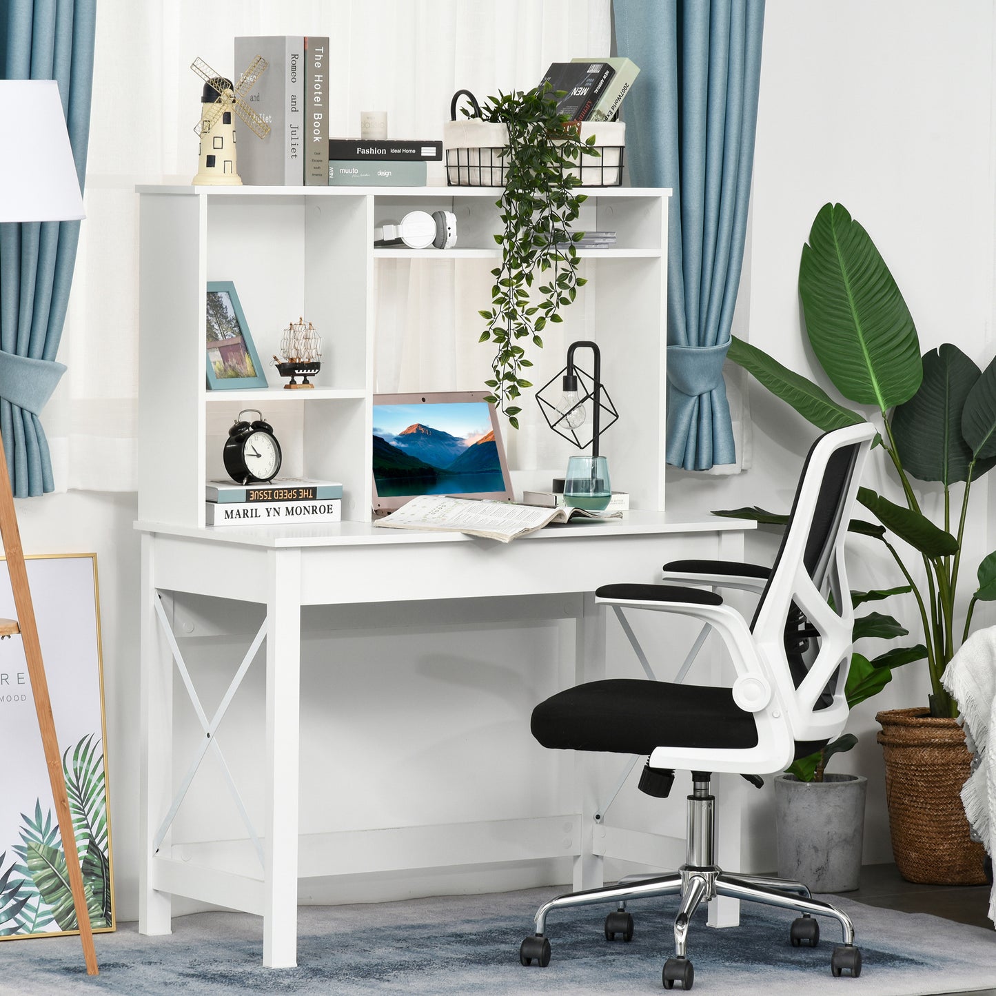 Computer Desk with Hutch, Home Office Table with Storage Shelves and Open Compartments for Writing, Work, White