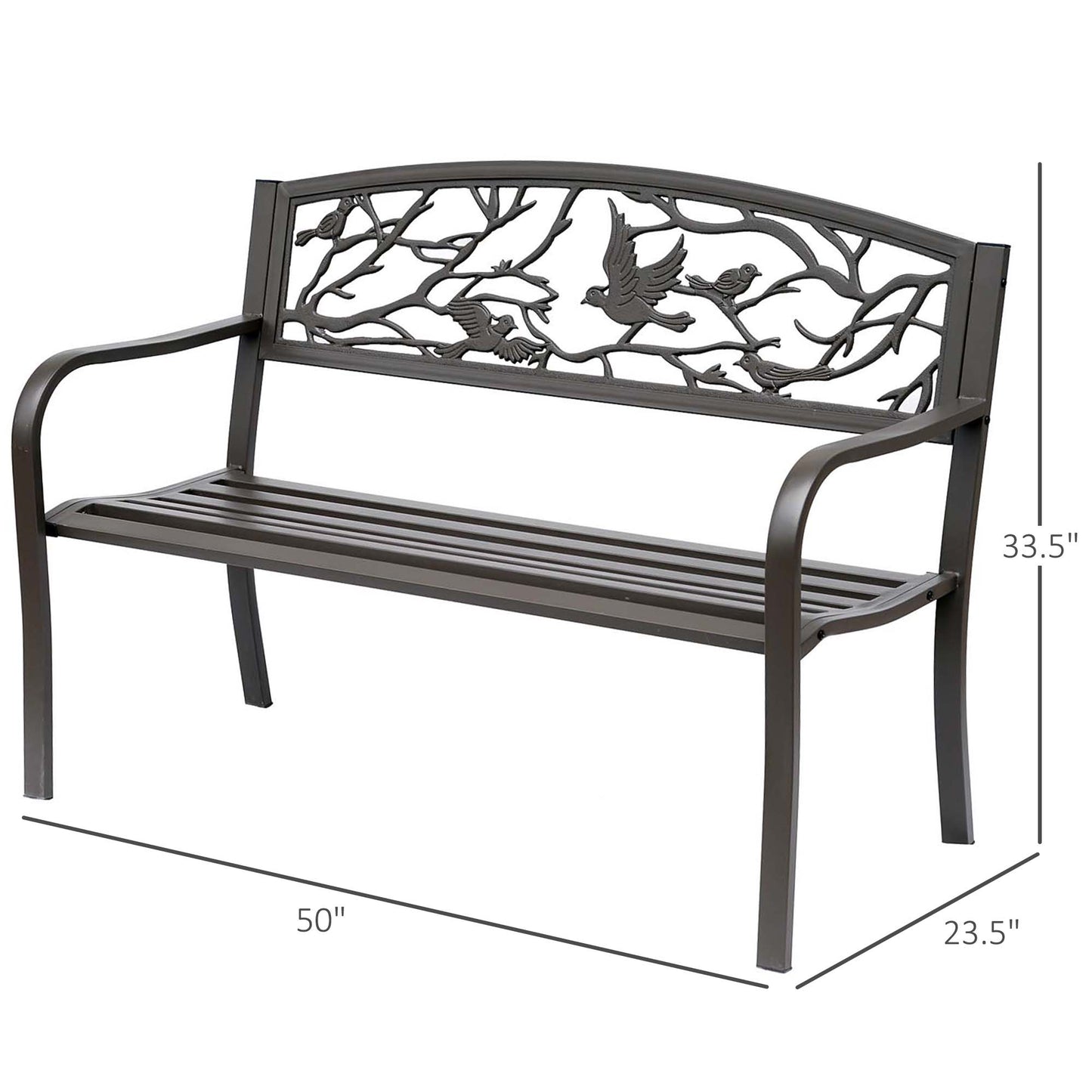 50" Garden Bench Outdoor Loveseat with Vintage Bird Pattern Cast Metal