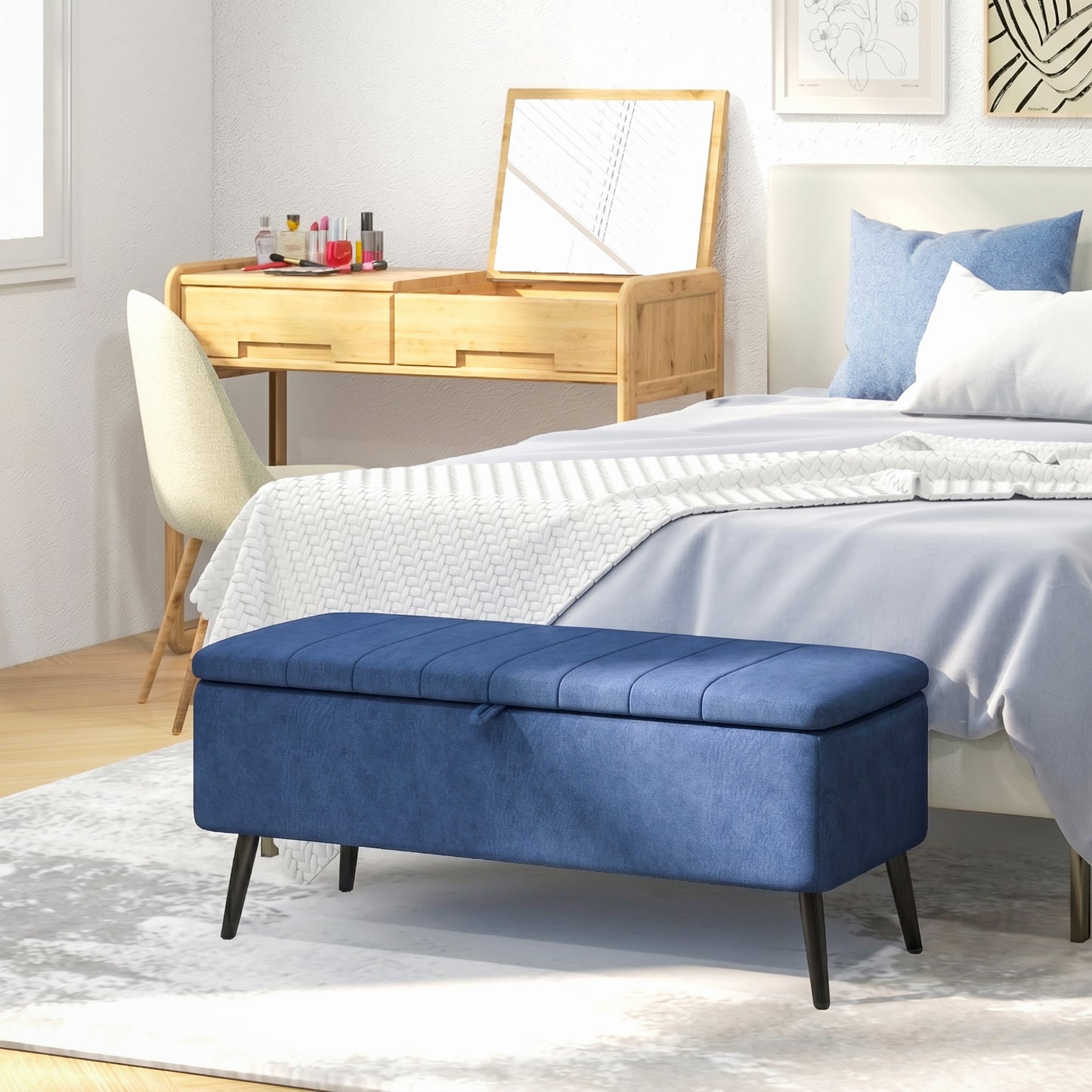 40" Ottoman with Storage, Linen Upholstered Storage Ottoman Bench with Steel Legs for Living Room, Bedroom Dark Blue