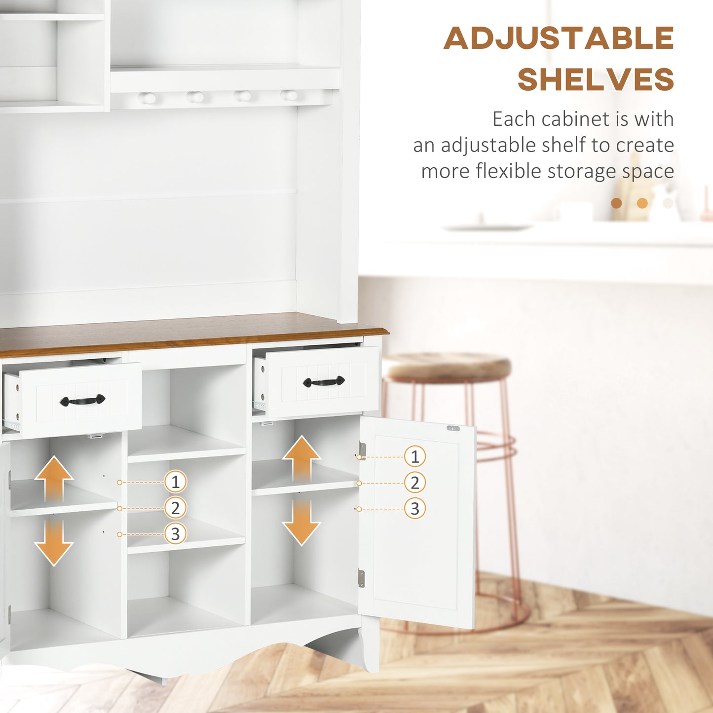 71" Kitchen Buffet with Hutch, Farmhouse Style Storage Cupboard with Utility Drawer, 3 Door Cabinets and 5-tier Shelves, White