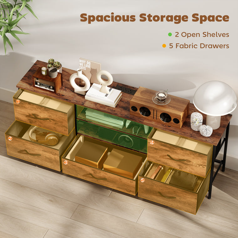 65" TV Stand with 5 Drawers and Charging Station - Rustic Brown