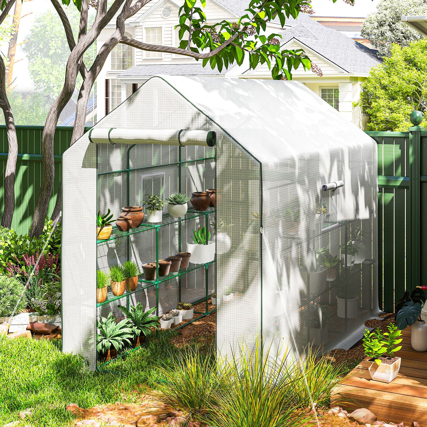 Walk-in Greenhouse with 3 Tier, Garden Plant Growhouse with Roll-up Door and Mesh Windows, 140 x 213 x 190 cm, White