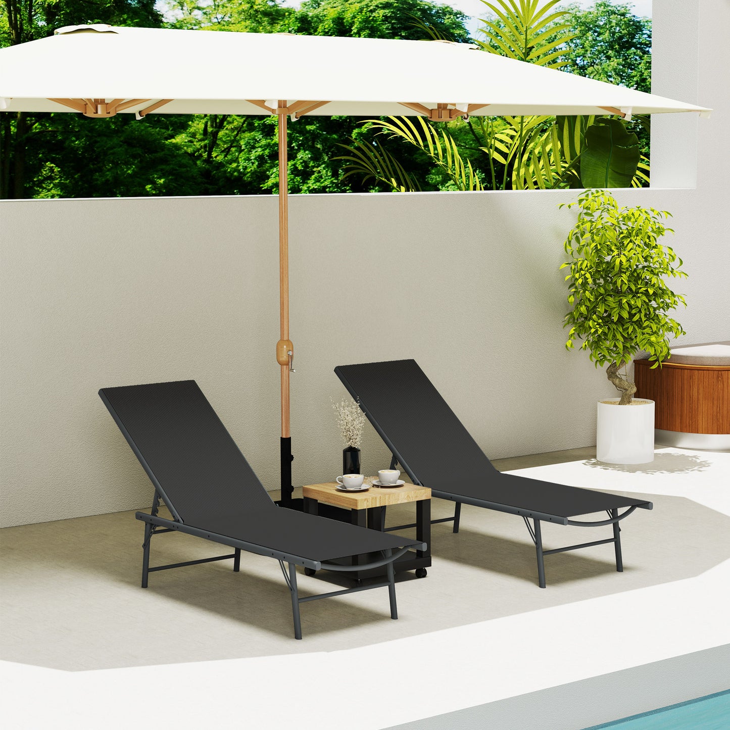 2 Pieces Folding Outdoor Lounge Chairs, Reclining Chaise Lounge Tanning Chair w/ Adjustable Back, Mesh Seat, Black