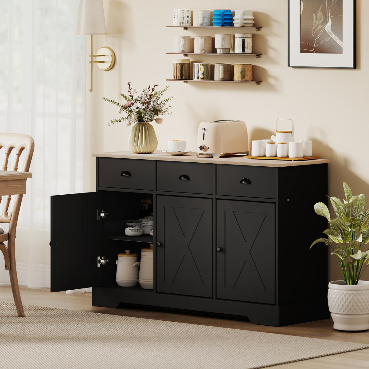 46.5" Buffet Cabinet, Farmhouse Sideboard with 3 Barn Doors and 3 Drawers for Living Room, Kitchen, Black
