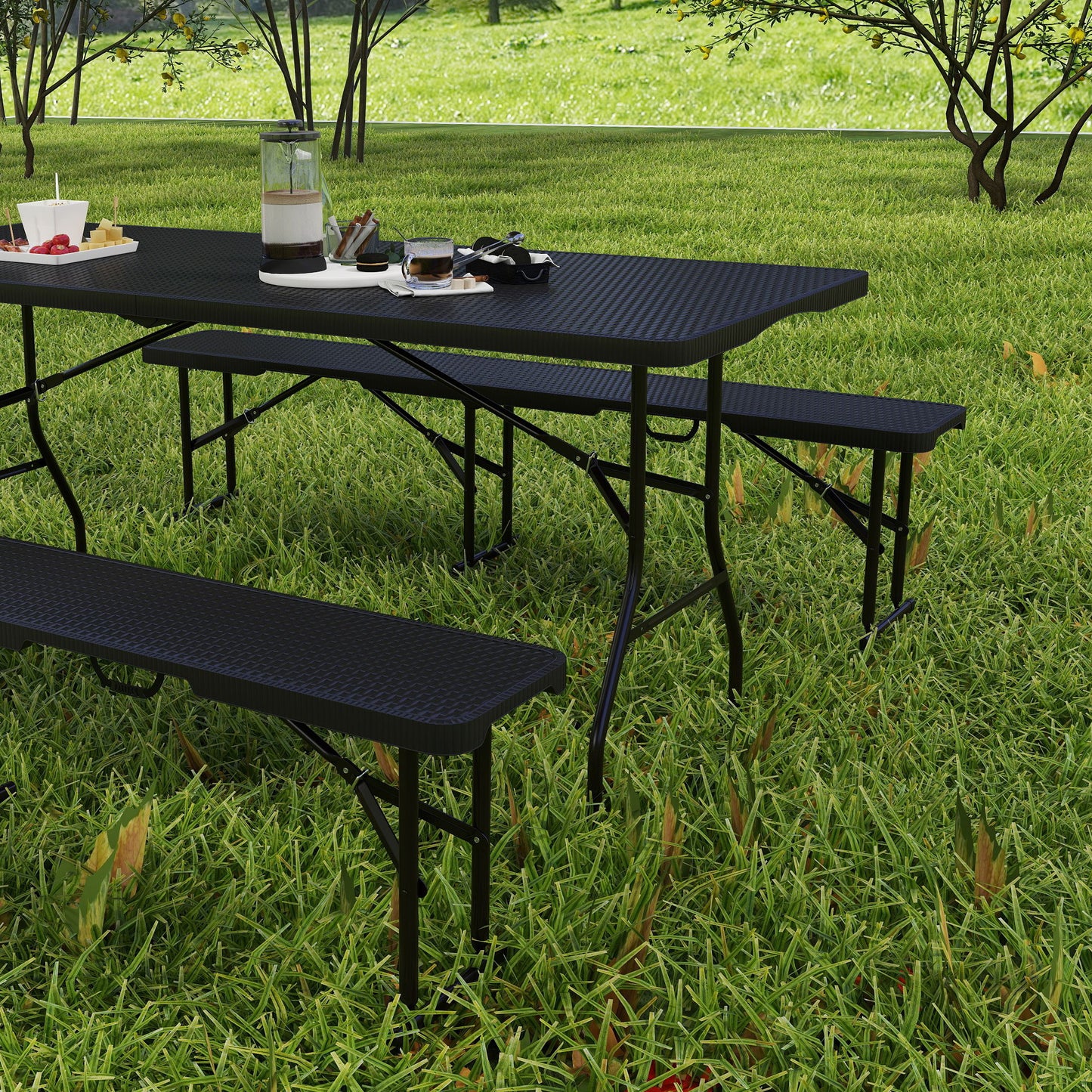 6FT 3PCS Faux Rattan Outdoor Camping Table Bench Set with Carrying Handles, Folding Picnic Table with 2 Benches, Black