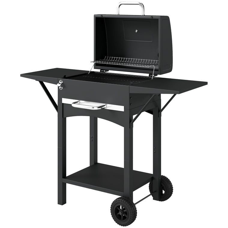 Black Charcoal Grill with 2 Side Tables & Warming Rack