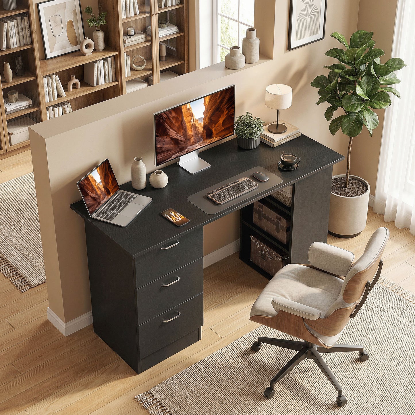 Computer Desk, 47" Writing Table with 3-Tier Shelves and 3 Reversible Drawers for Home Office, Bedroom, Black