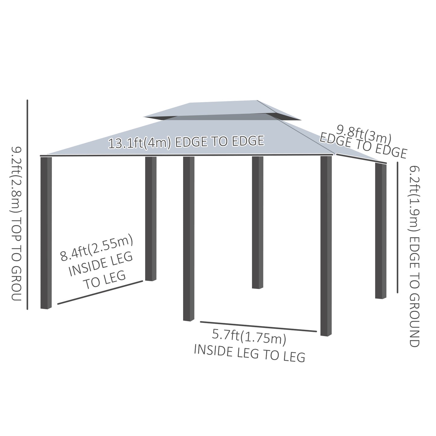 13'L x 10'W x 8.7'H Patio Gazebo Outdoor 2-Tiers Garden Canopy Yard Sunshade Shelter with Curtains, Grey