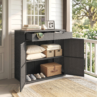 Wicker Storage Cabinet with 2 Doors & 2-Tier Shelf