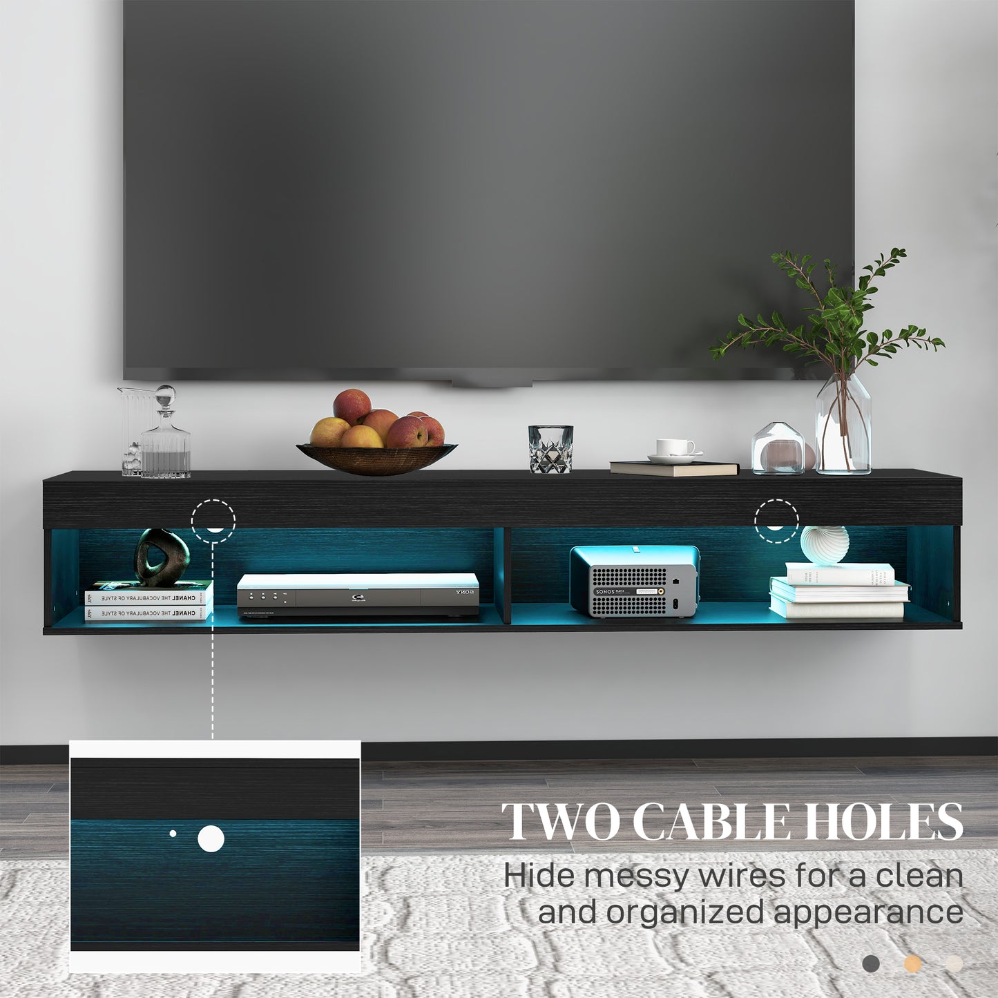 Modern Wall Mounted TV Stand with Storage and LED Lights for TVs up to 75", Floating TV Shelf for Living Room, Black