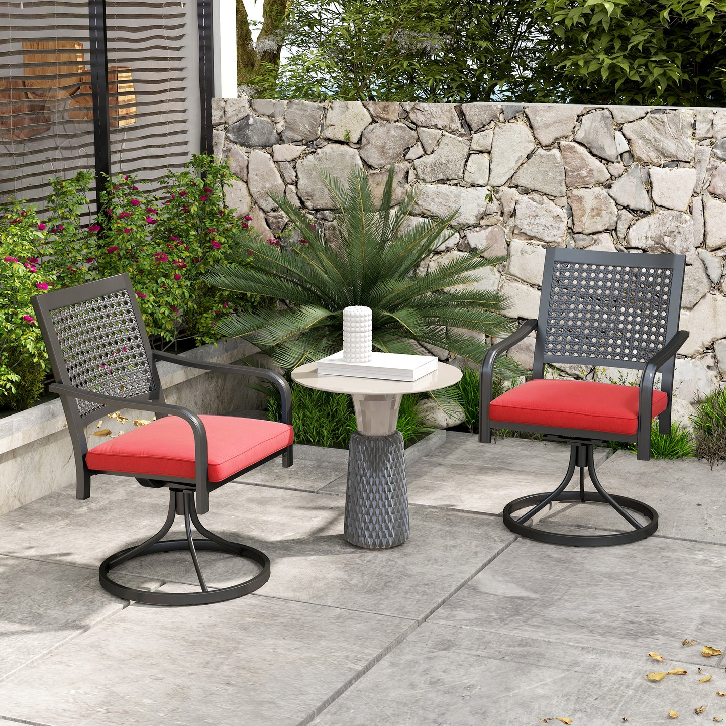Patio Swivel Chairs with Cushion, Outdoor Swivel Rocker with Curved Armrests, Red