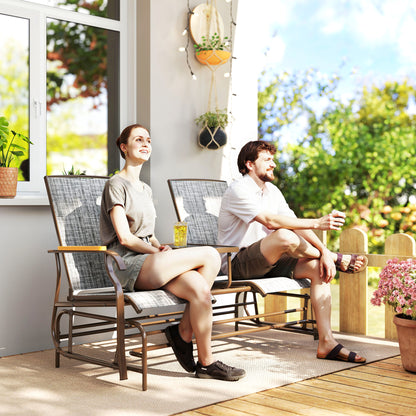 Outdoor 2-Person Glider Bench, Outside Swing Glider Chair Loveseat with Breathable Mesh, Table, Steel Frame - Grey