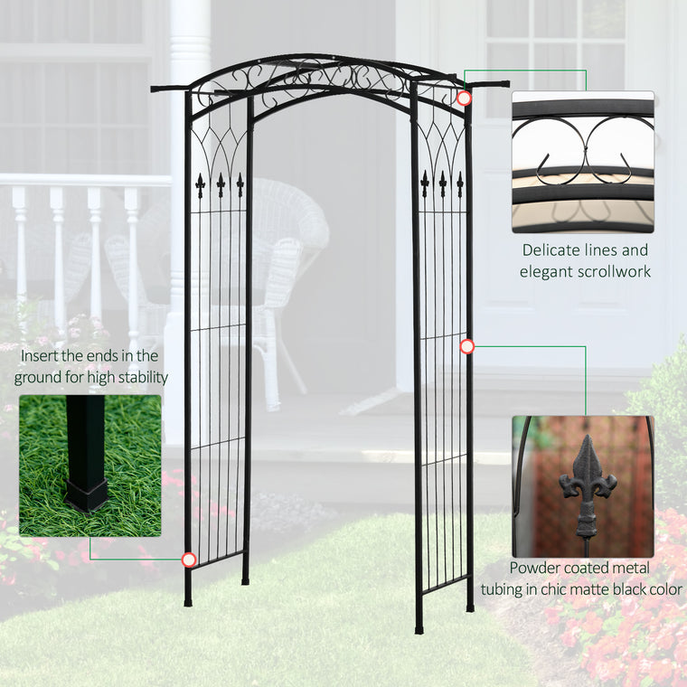 7FT Black Garden Arbor with Scrollwork Trellis