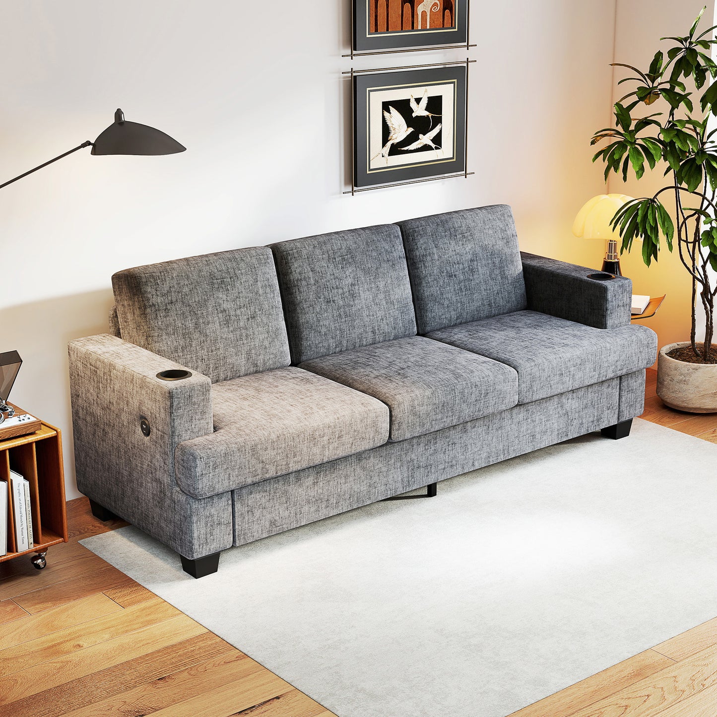 3 Seater Sofa with USB Ports & Cup Holders, Chenille-Feel Upholstered Couch for Living Room, Grey