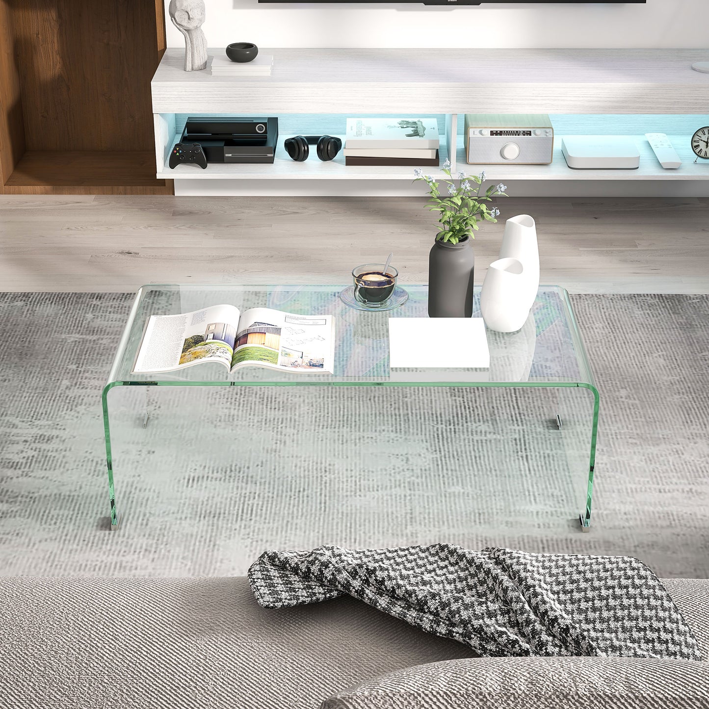 Glass Coffee Table, Clear Coffee Table for Living Room, Modern Rectangle Center Table with Safe Rounded Edges
