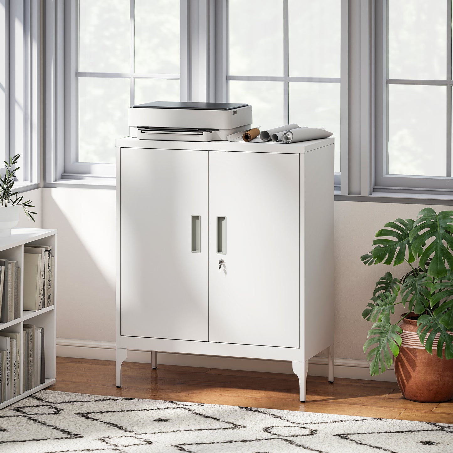 Office Storage Cabinet with Lock, Filing Cabinet with Adjustable Shelves and Doors for Home Office, Garage, White