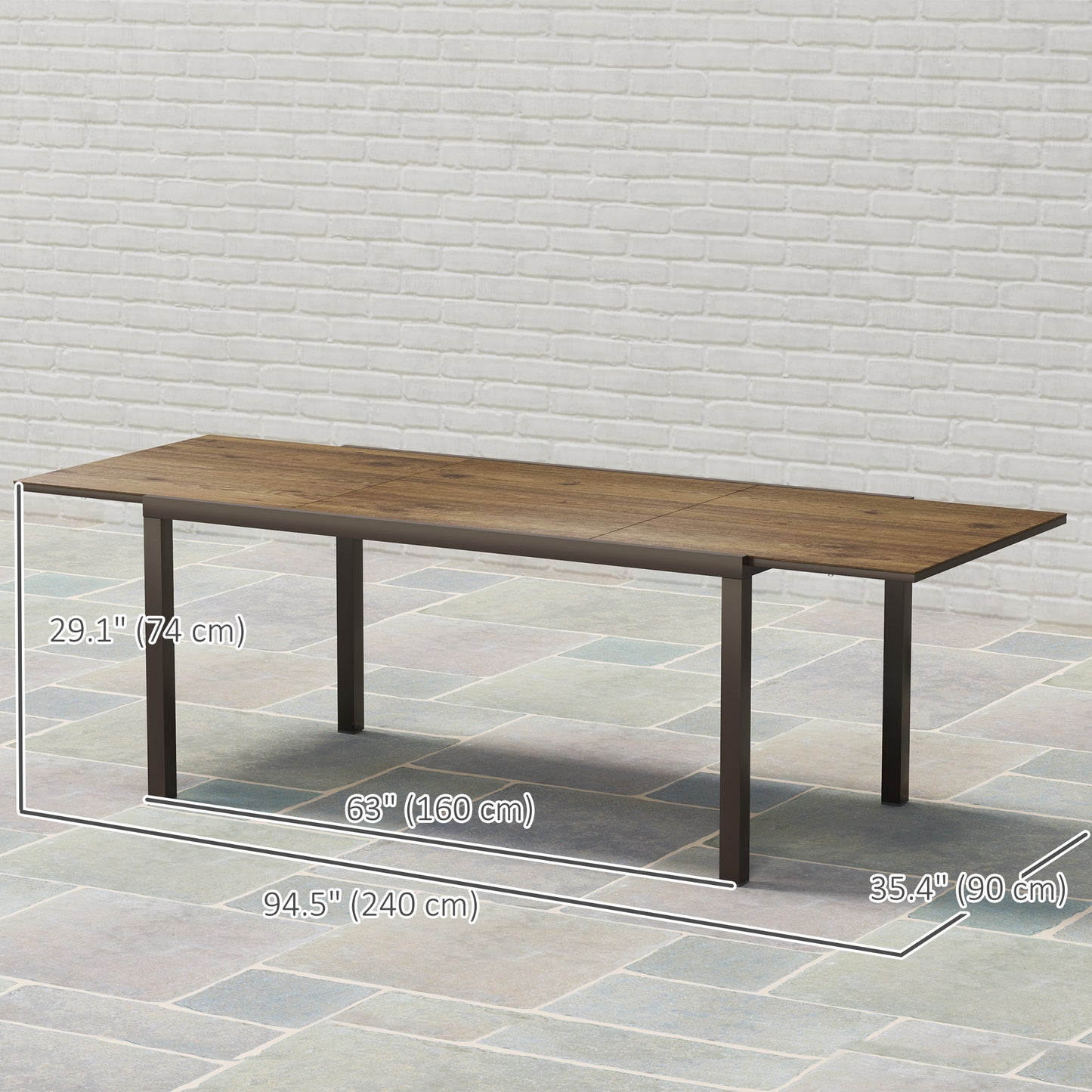 63"-94.5" Extendable Patio Dining Table for 6-8 Person, Outdoor Dining Table with Aluminium Edging, Steel Frame, Grey
