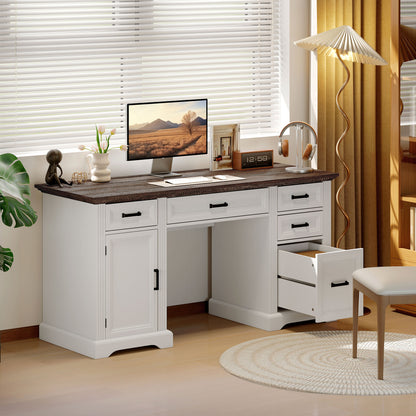 58" Executive Desk with Soft-Close File Drawer - White