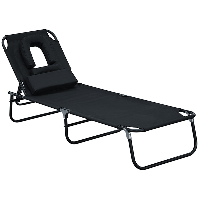 Folding Beach Lounger with Face Hole & 4-Position Backrest