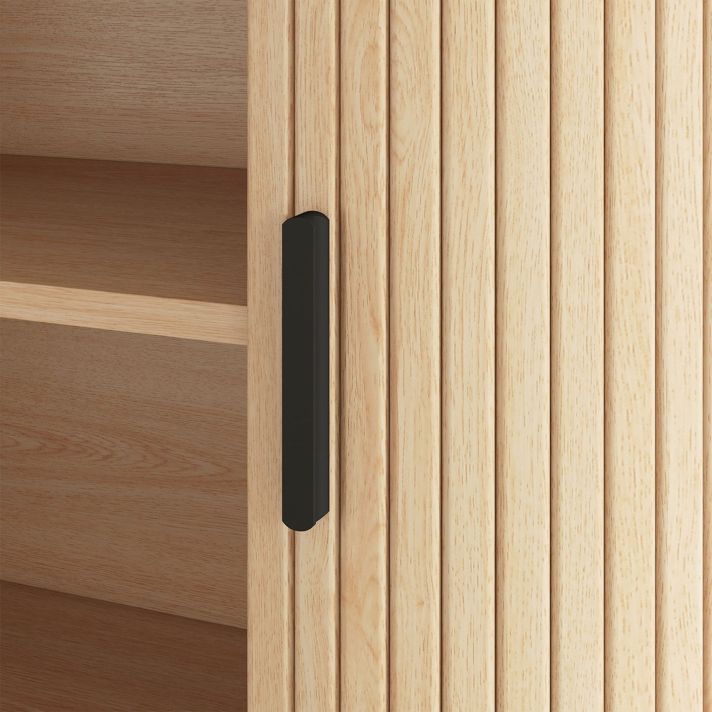 Sideboard Buffet Cabinet with Curved Tambour Doors and Storage, Natural Wood