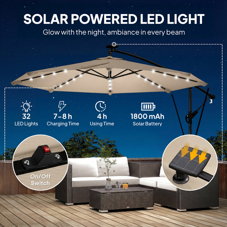 11.3' Khaki UPF50+ Aluminum Cantilever Umbrella with Light