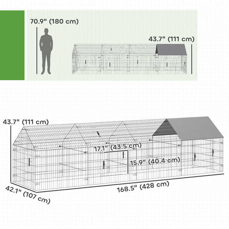 168.5" Grey Metal Chicken Coop with UV-Resistant Cover