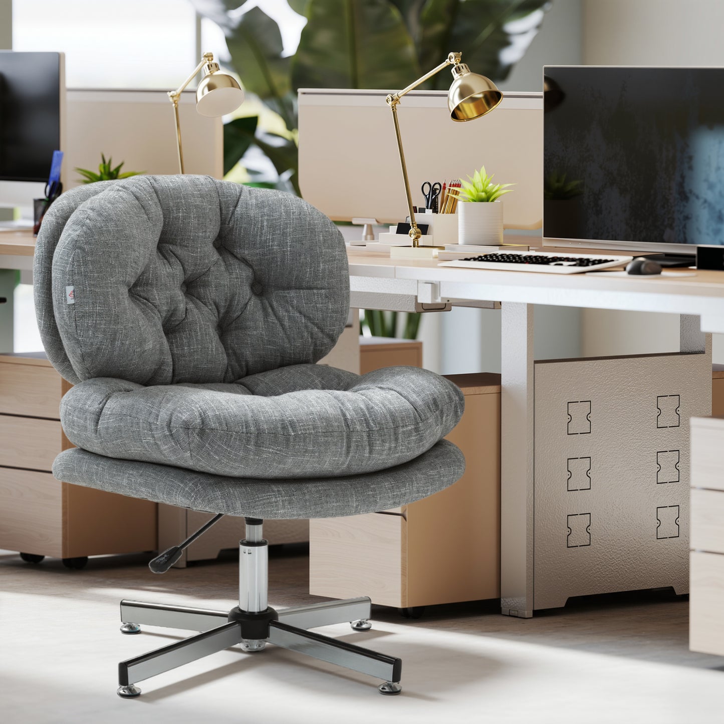Computer Desk Chair, Armless Office Chair with Wide Padded Seat and Adjustable Height, Grey