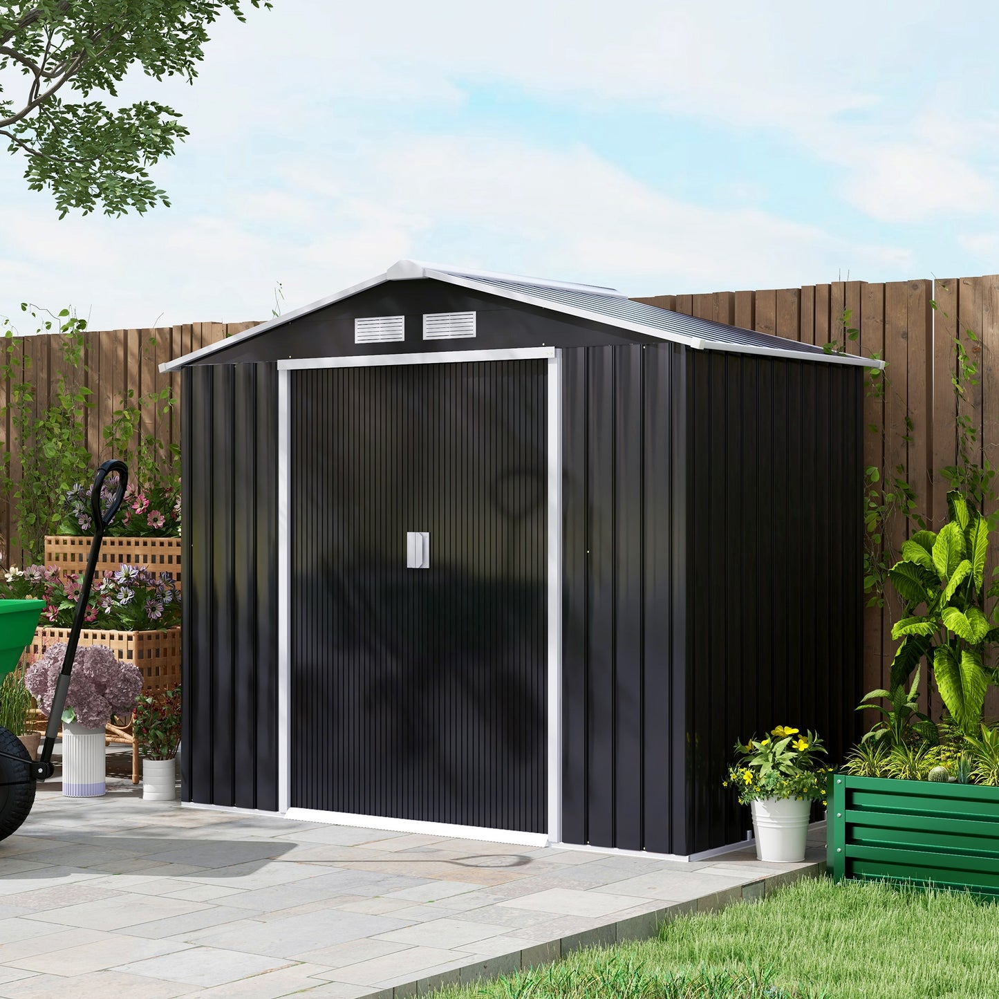 7' x 4' x 6' Garden Storage Shed Outdoor Patio Metal Tool Storage House w/ Foundation Kit and Double Doors Dark Grey