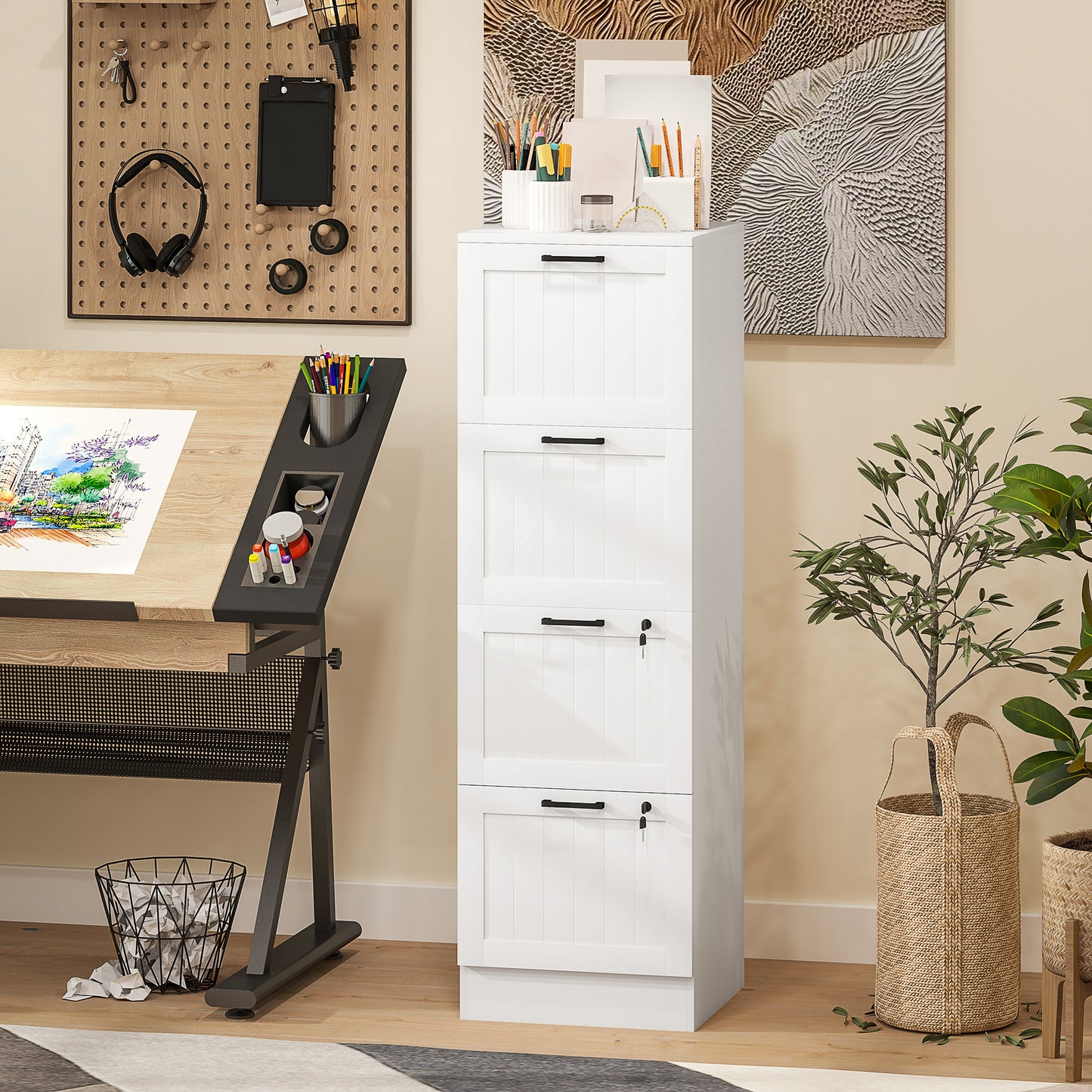 4 Drawer Filing Cabinet with Lock, Office Storage Cabinet with Adjustable Hanging Bars for A4 Letter Size Files, White